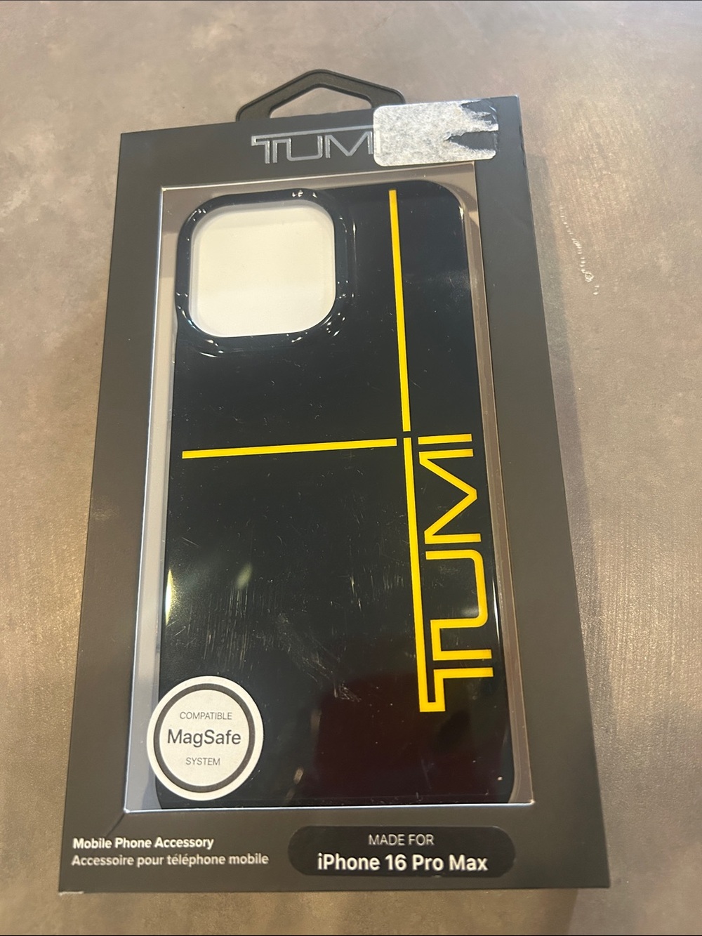 Tumi Black Phone Case with Yellow Stripe for iPhone 16 Pro Max